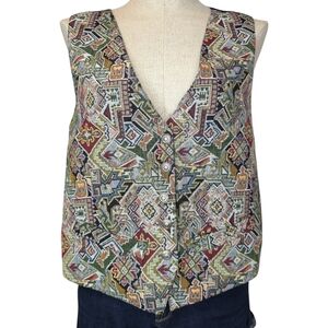 Vintage 90s Cotton Ginny Tapestry Vest Boho Button-Up Medium